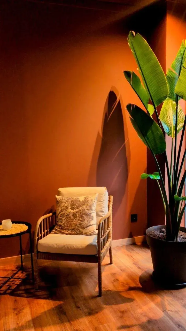 El rincón de espera: un sillón de mimbre con cojín, una mesita baja y una planta grande contra la pared color terracota.